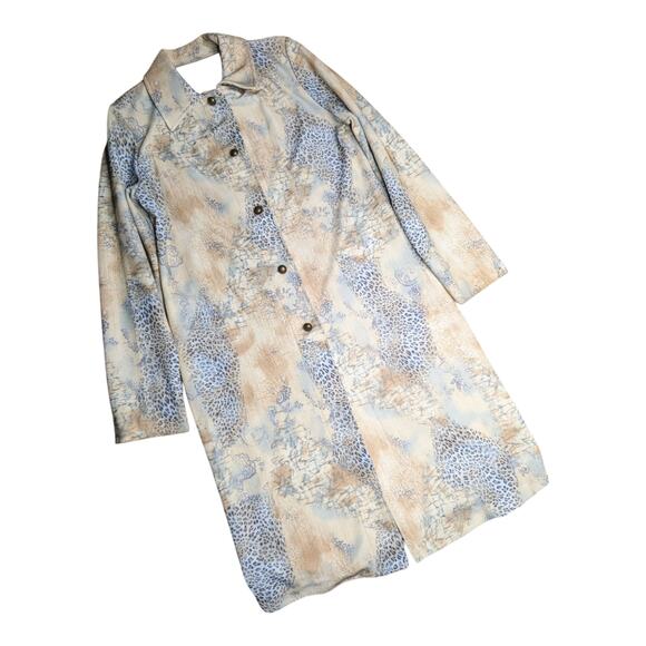 Vintage Jackets & Blazers - Vtg Y2K Weekenders Ivory Blue Leopard Print Longline Collared Duster Jacket XS
